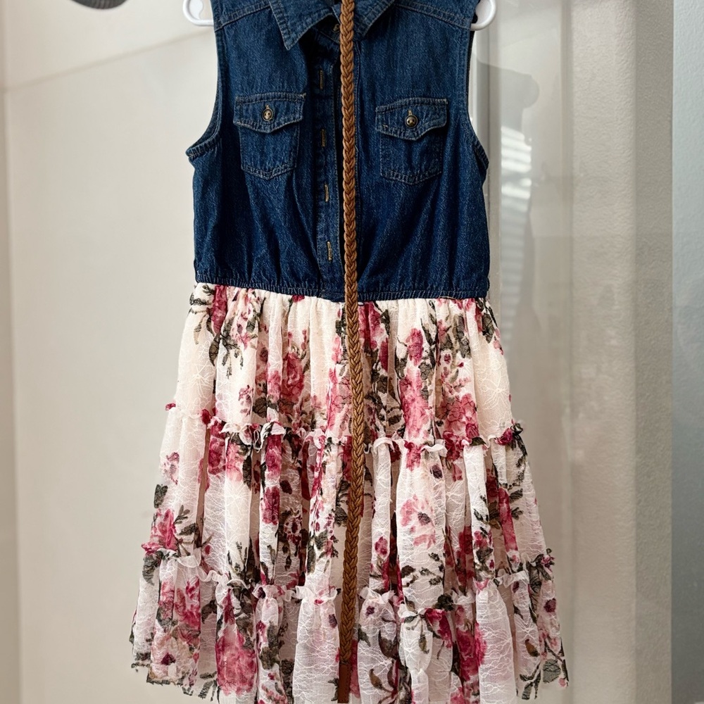 Zunie Girls Size 7/8 Blue/White/Pink Sleeveless Sundress with Dress Shirt Collar